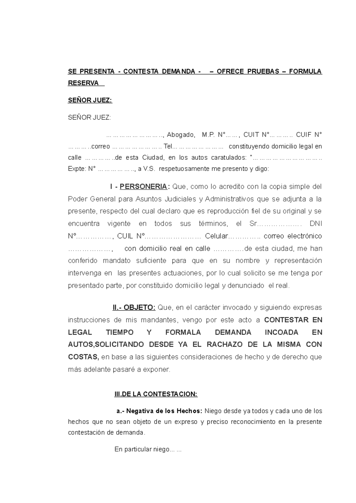 1.- Modelo De Contestacion De Demanda - SE PRESENTA - CONTESTA DEMANDA ...