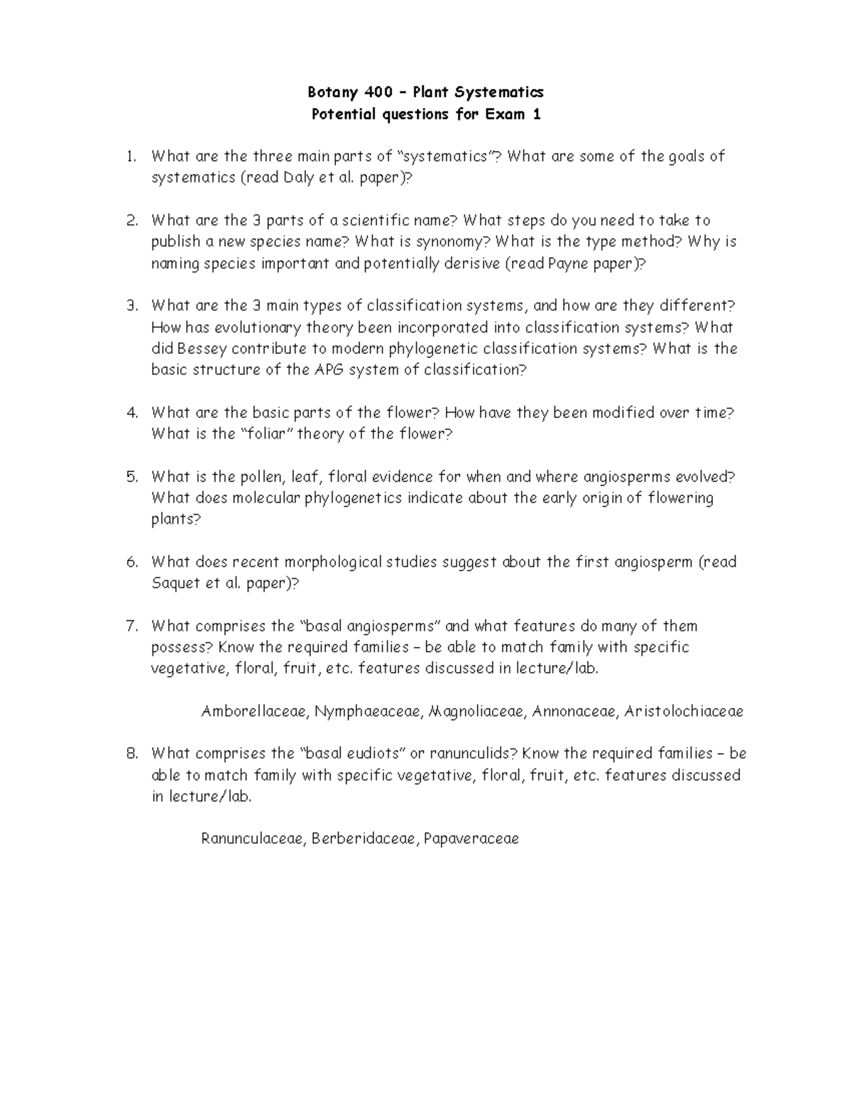 Exam1Questions very helpful Botany 400 Plant Systematics