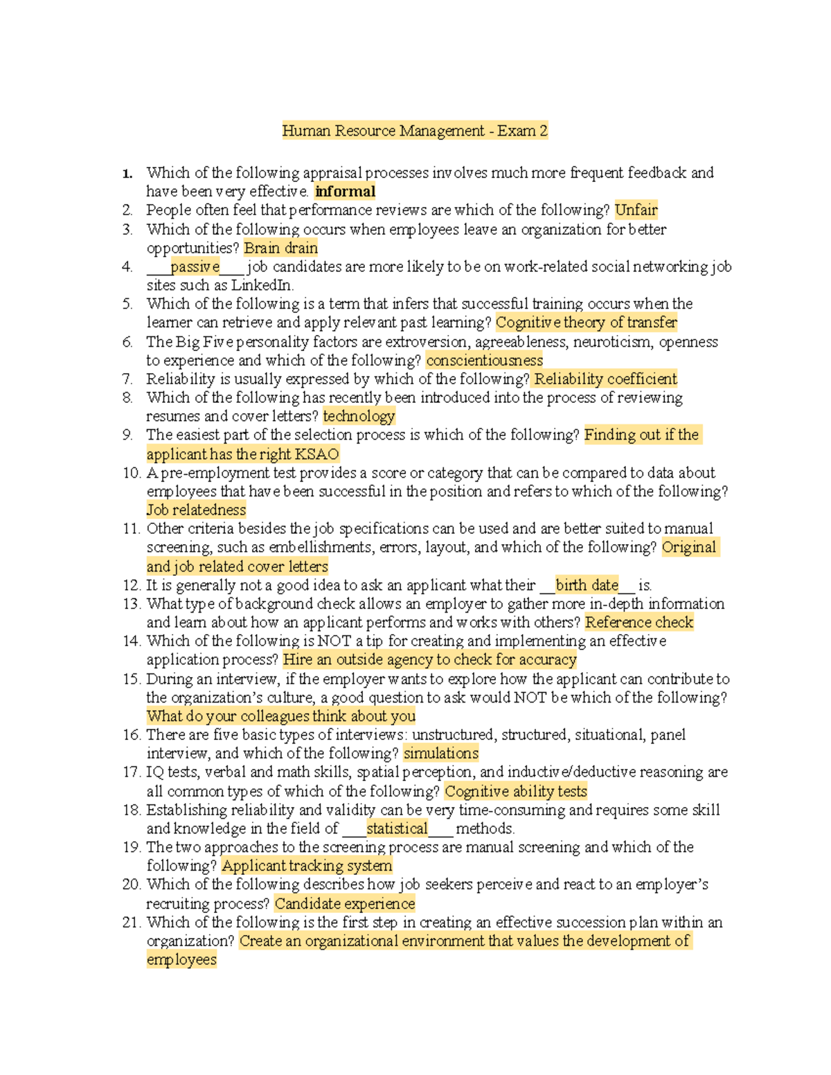 HRM Exam 2 Human Resource Management 3273 Human Resource