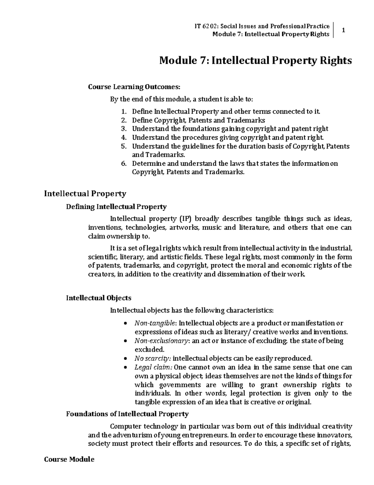 W8 - Intellectual Property Rights - Module - Module 7: Intellectual ...