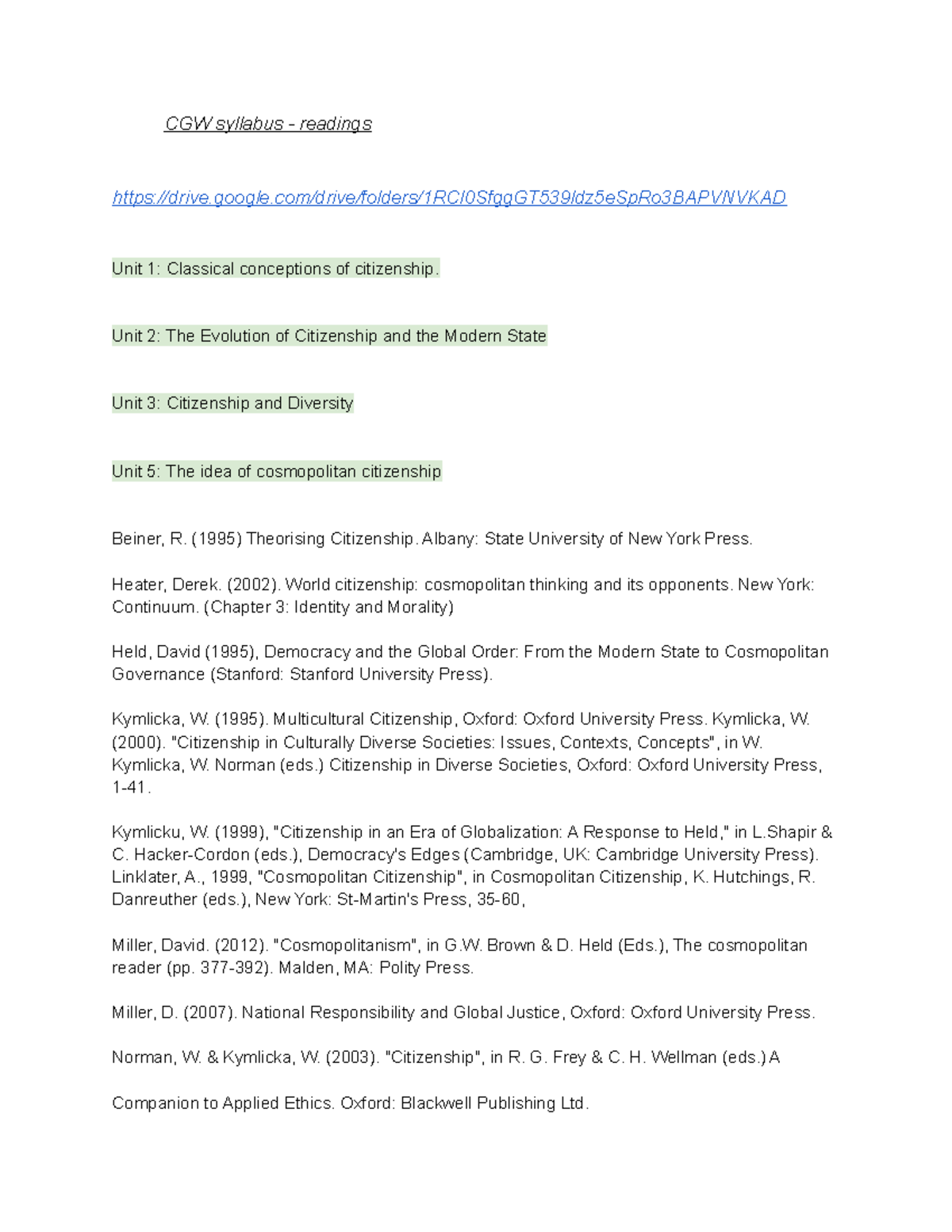 CGW - References - CGW syllabus - readings - Studocu