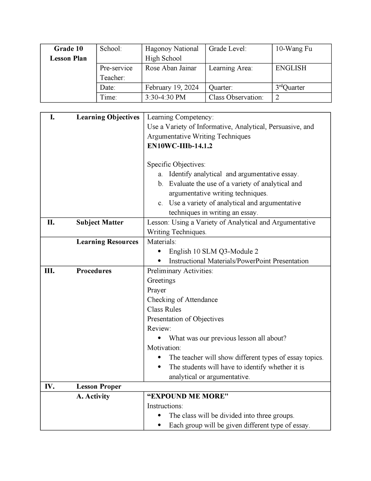 Jainar LP Quarter 3 Module 2 - Grade 10 Lesson Plan School: Hagonoy ...