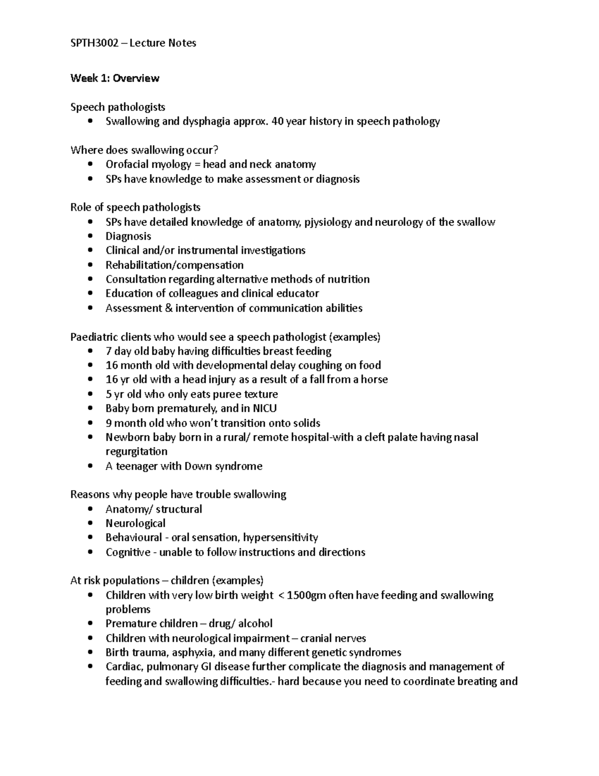 SPTH3002 - Lecture Notes - Week 1: Overview Speech pathologists ...