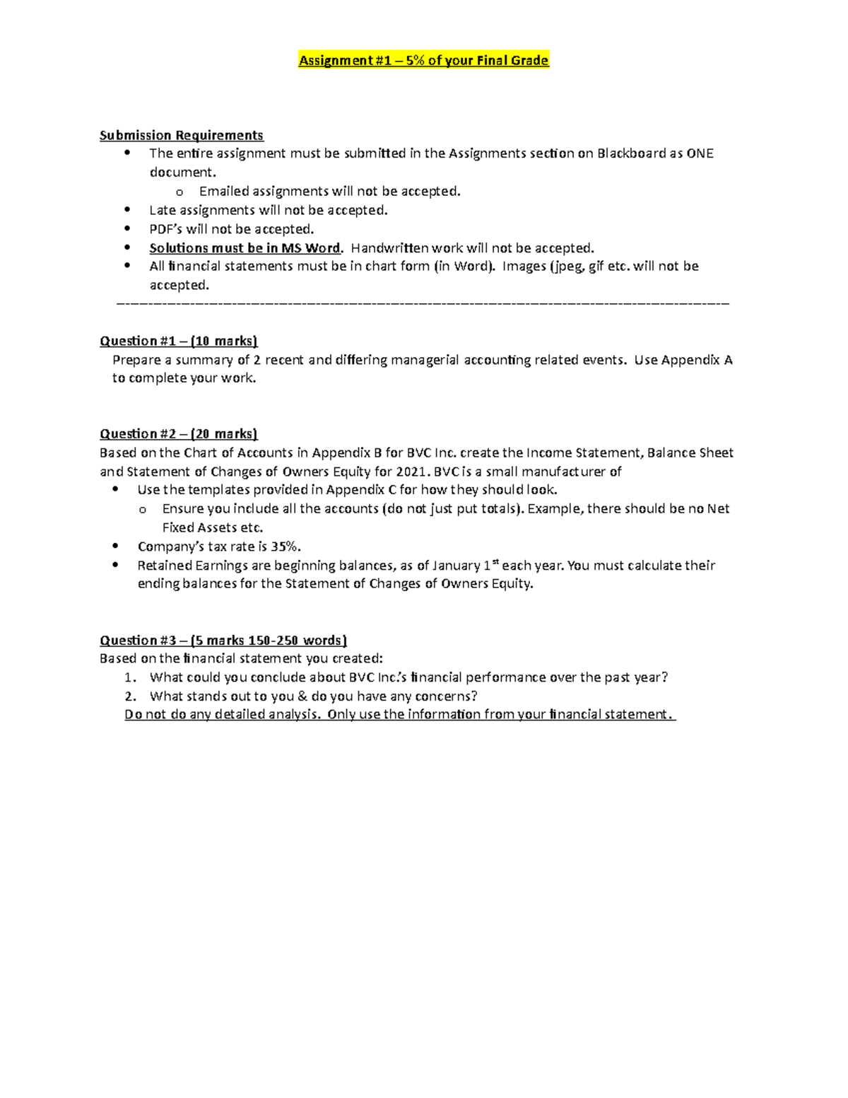 Assignment #1 - Balance Sheet - Assignment #1 – 5% of your Final Grade ...