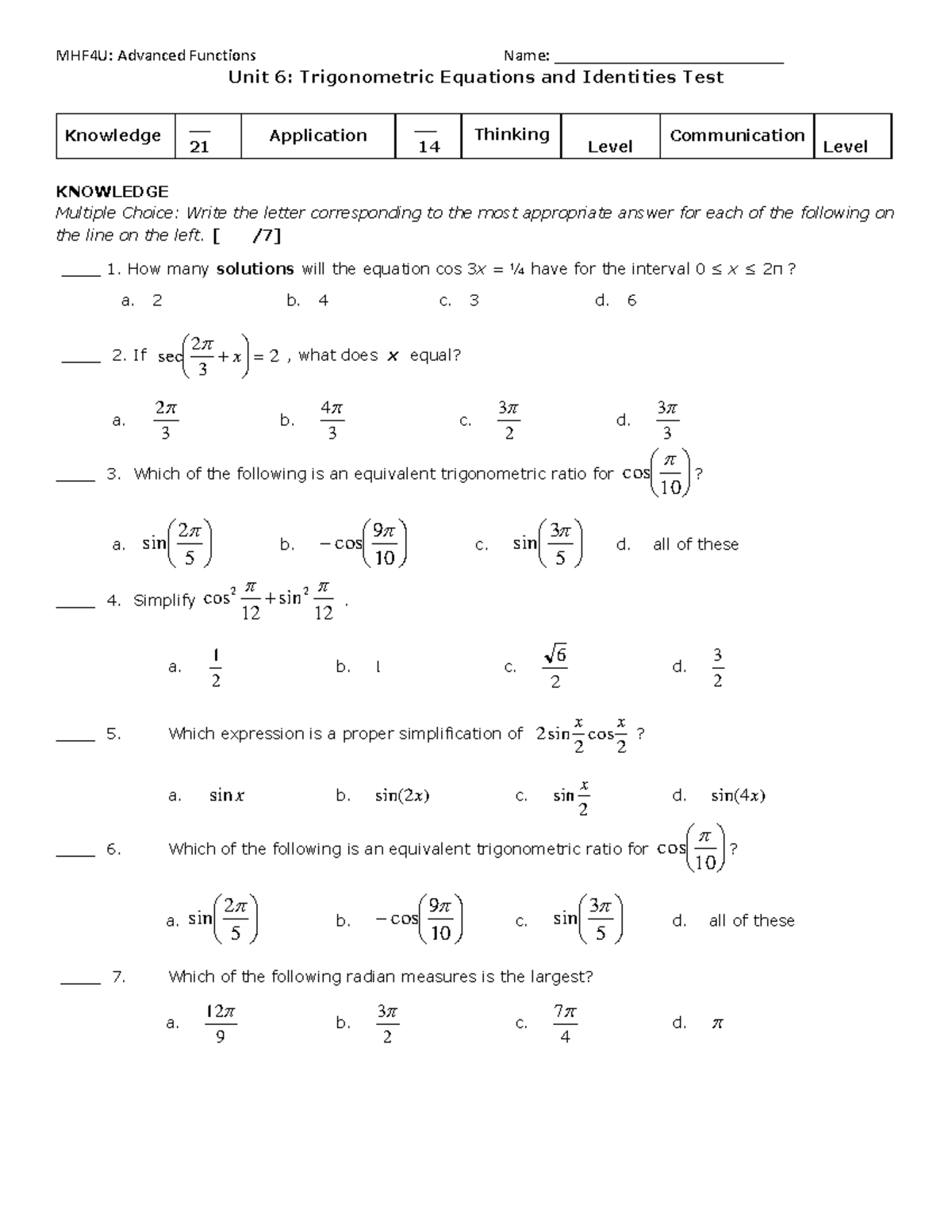 MHF4U Unit 6 Test - nothing. - Unit 6 : Trigonometric Equations and ...