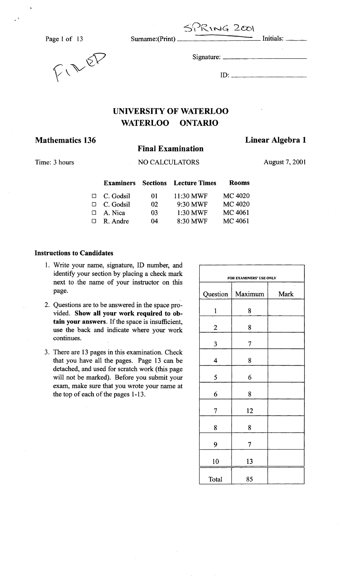 Exam 2014, questions and answers - Math 136 - Studocu