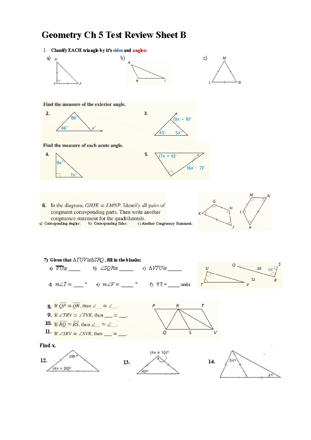 Geometry Ch 5 Test Review Sheet B - Classify EACH Triangle By It's ...