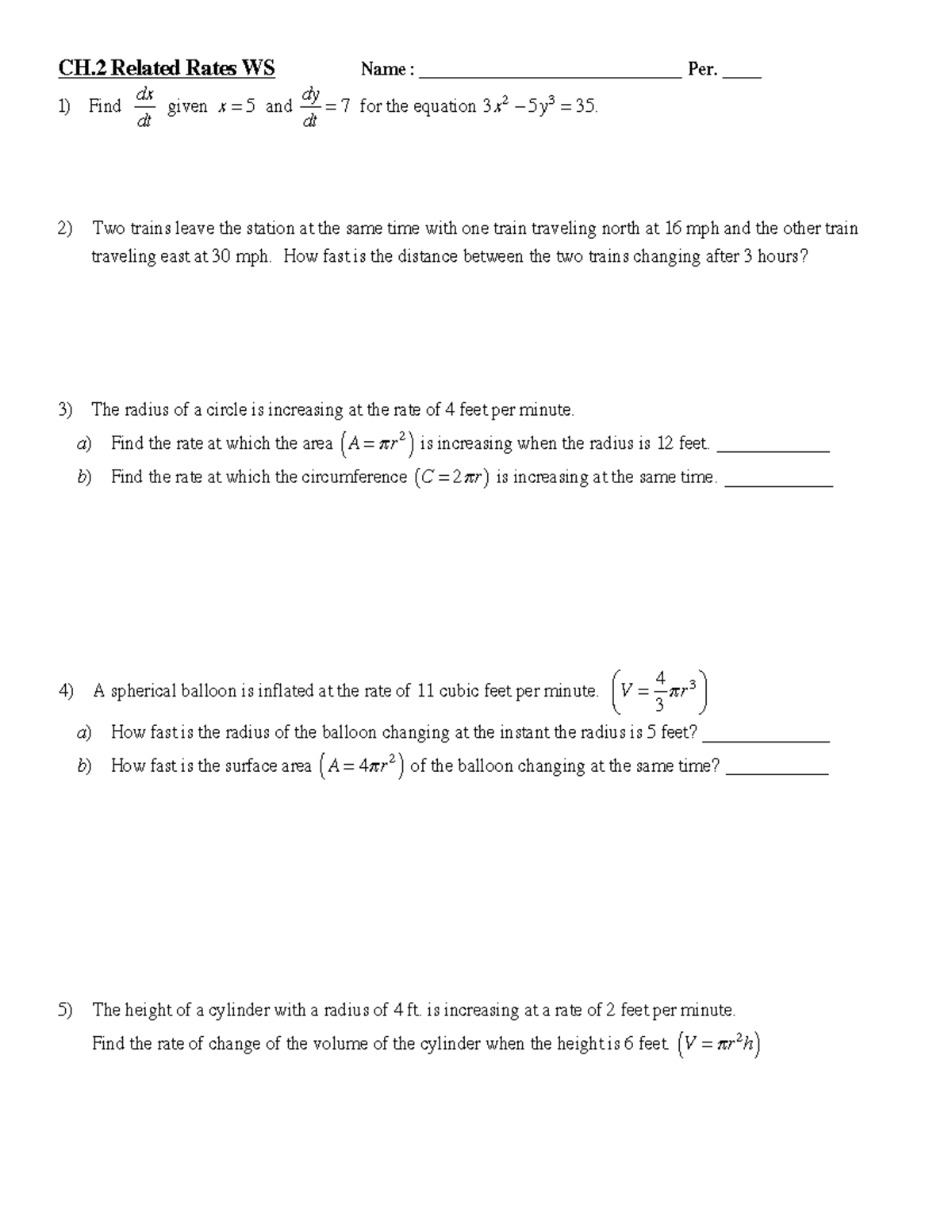 CH.2 Related Rates WS - Dr. Meyers Calc Lecture Worksheet To Prepare ...