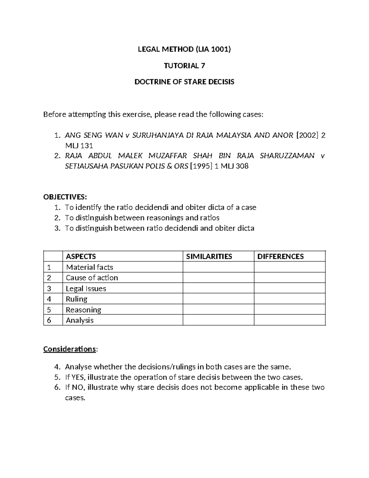 Tutorial 7 stare decisis - LEGAL METHOD (LIA 1001) TUTORIAL 7 DOCTRINE ...
