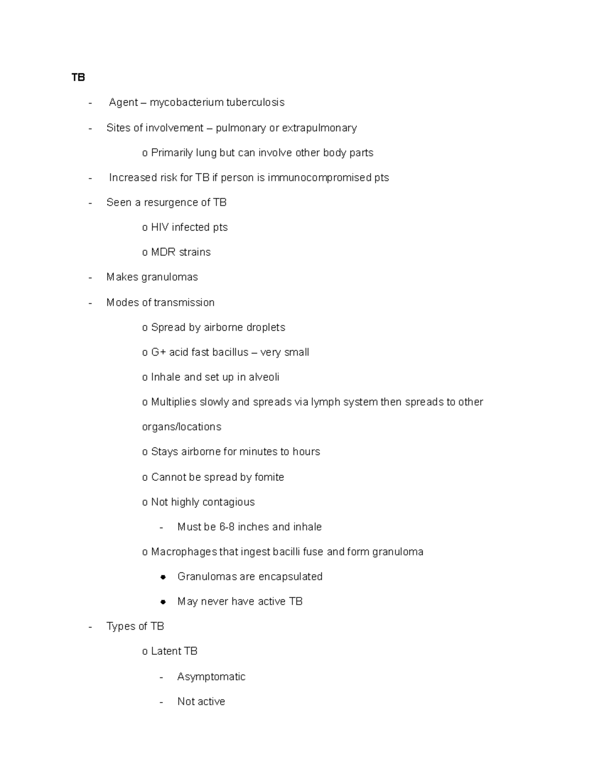 Tuberculosis Notes Nurs 301 - TB Agent – mycobacterium tuberculosis ...
