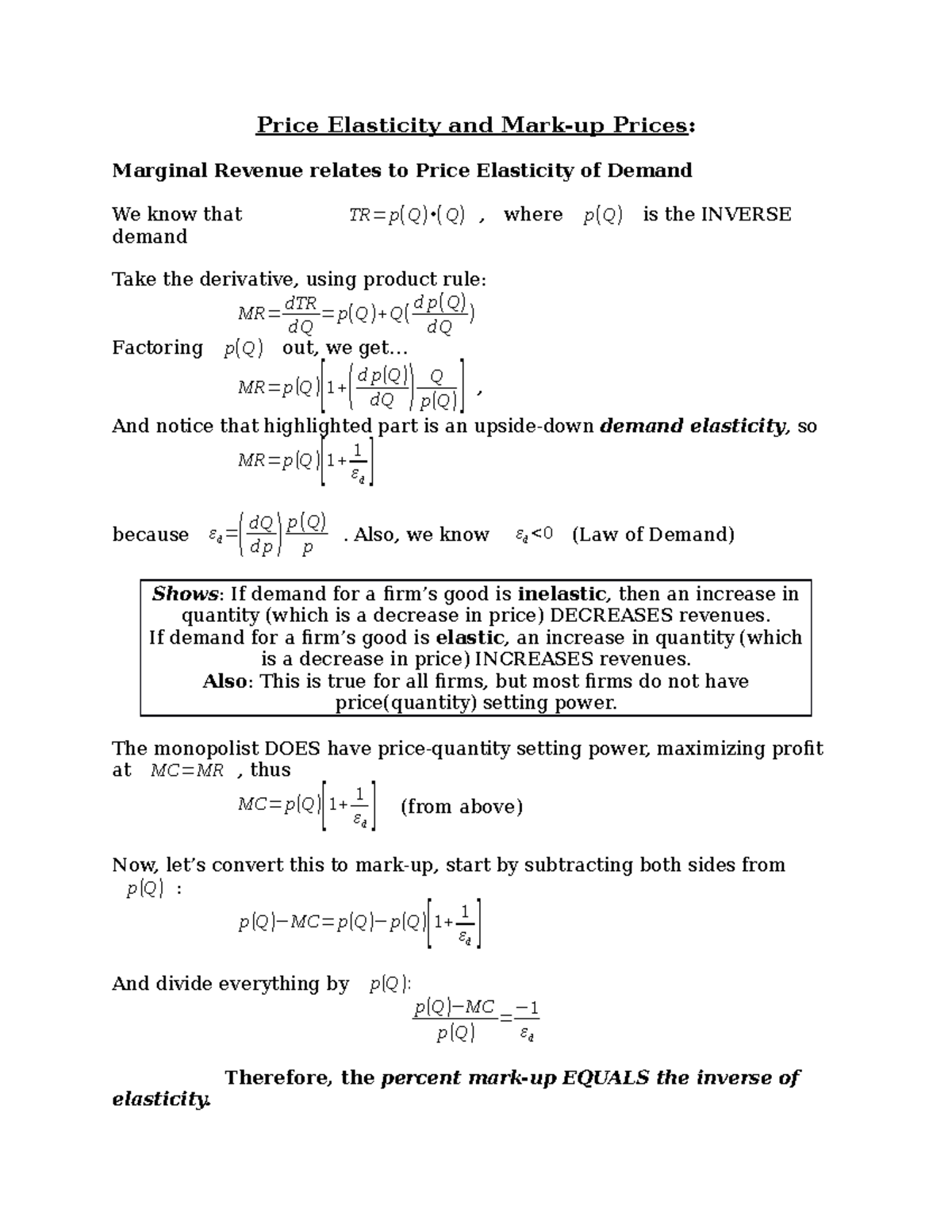 Marginal Revenue 2Price Elasticity handout - Price Elasticity and Mark ...