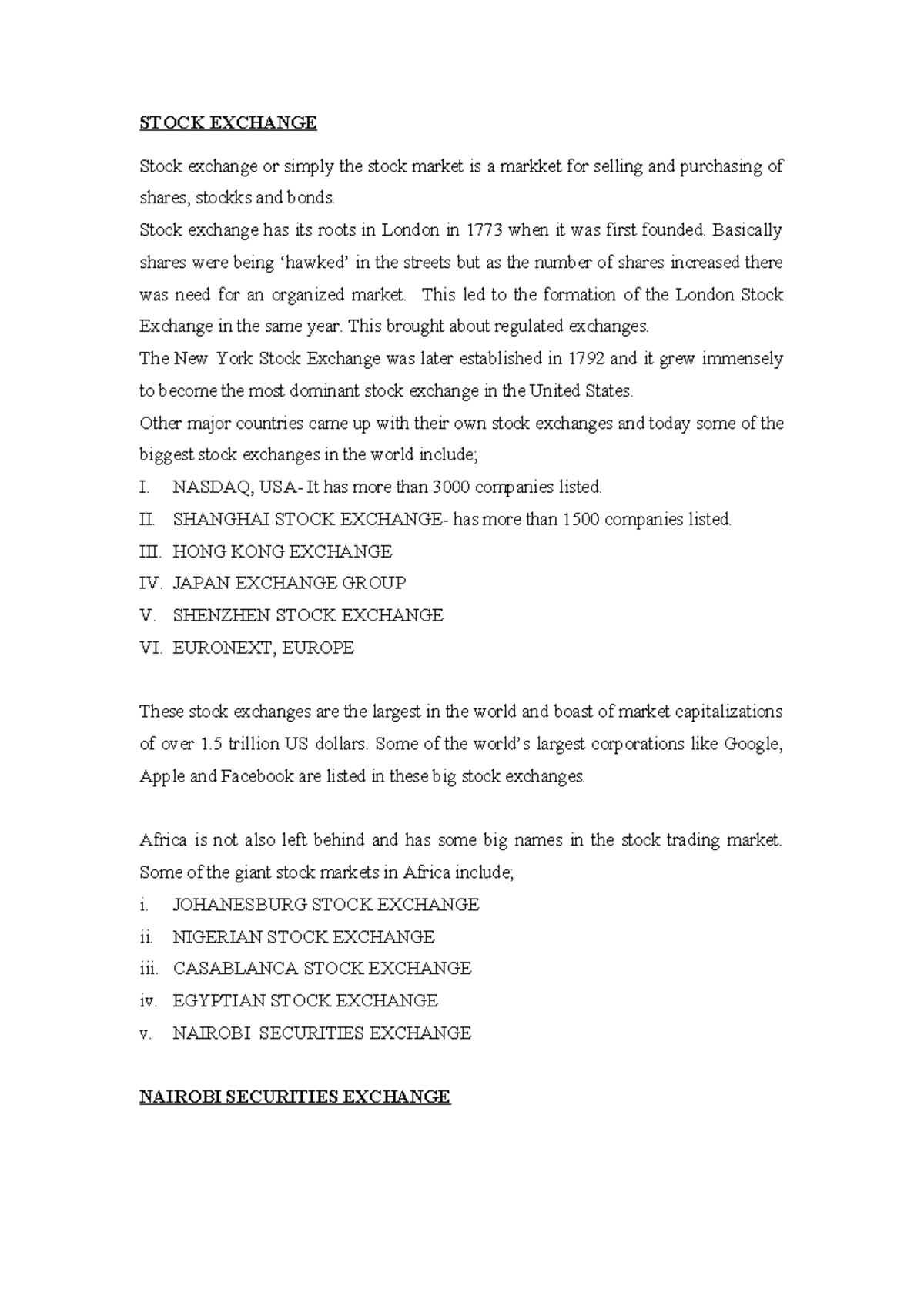 Stock Exchange - Need notes please - STOCK EXCHANGE Stock exchange or ...