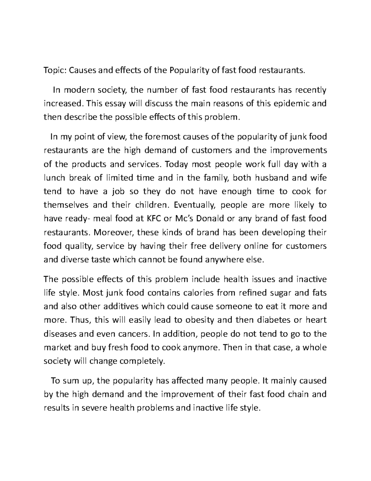 essay on effects of fast food