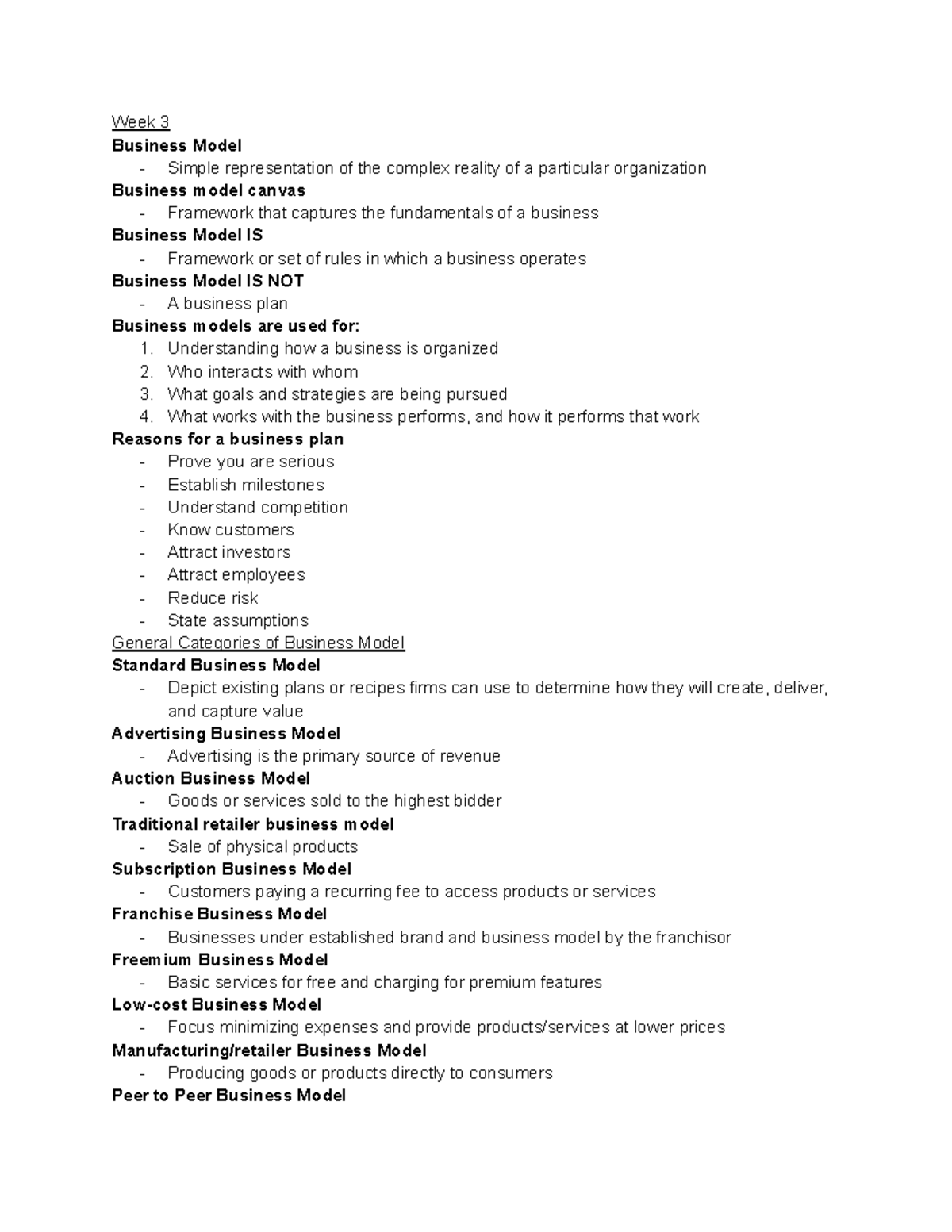 BSM 100 Lecture Notes - Week 3 Business Model Simple representation of ...