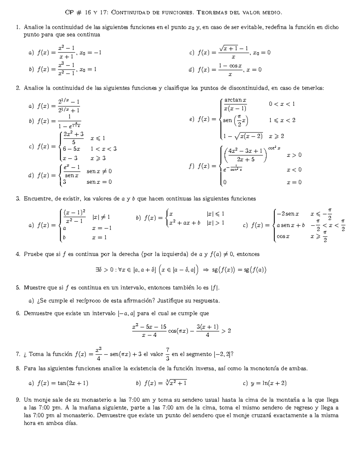 Ejercicios Sobre Continuidad De Funciones Reales - CP # 16 Y 17 ...