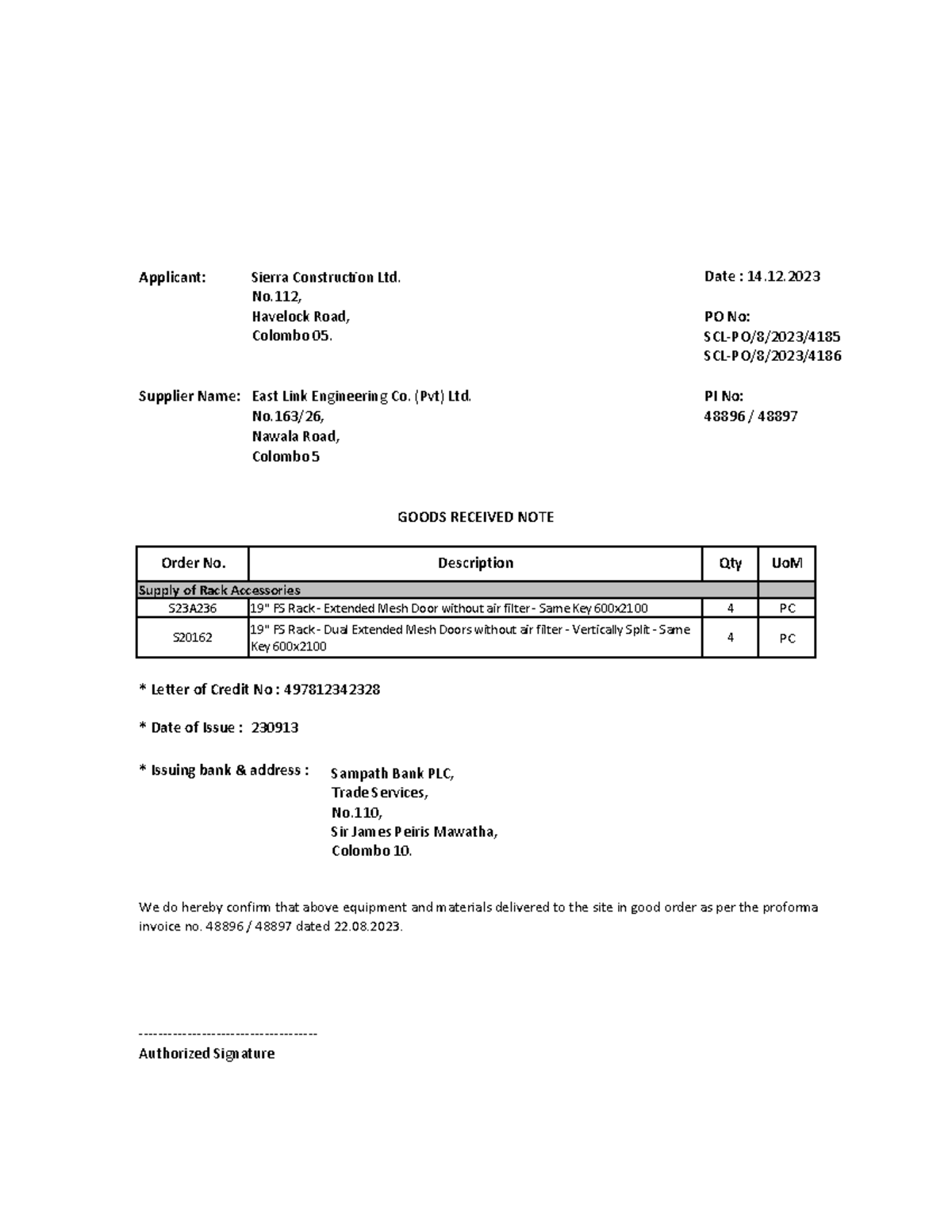GRN - For note - Applicant: Sierra ConstrucƟon Ltd. Date : 14. No ...