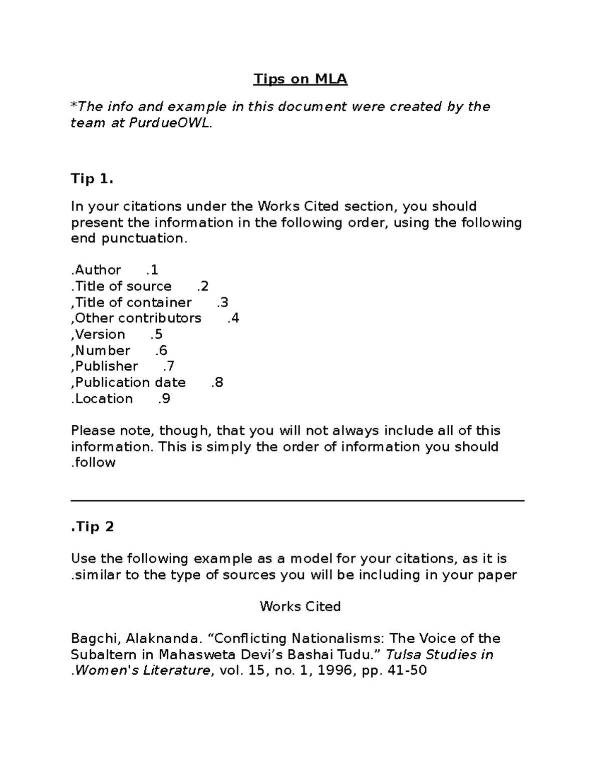 Mla tip sheet - MLA format advice - Tips on MLA *The info and example ...