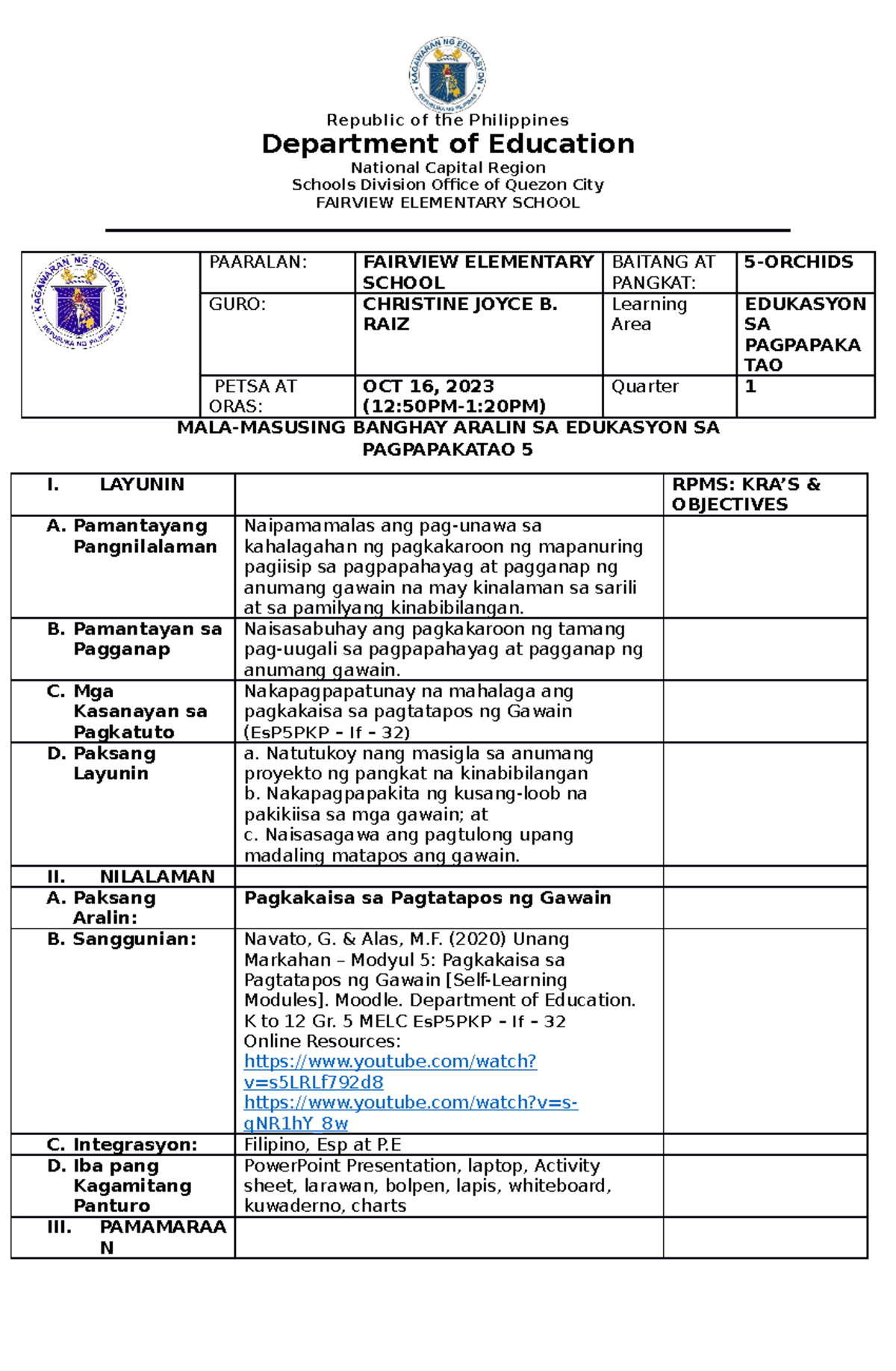 COT1 DLP ESP Grade 5 Q1 Revised Department of Education National