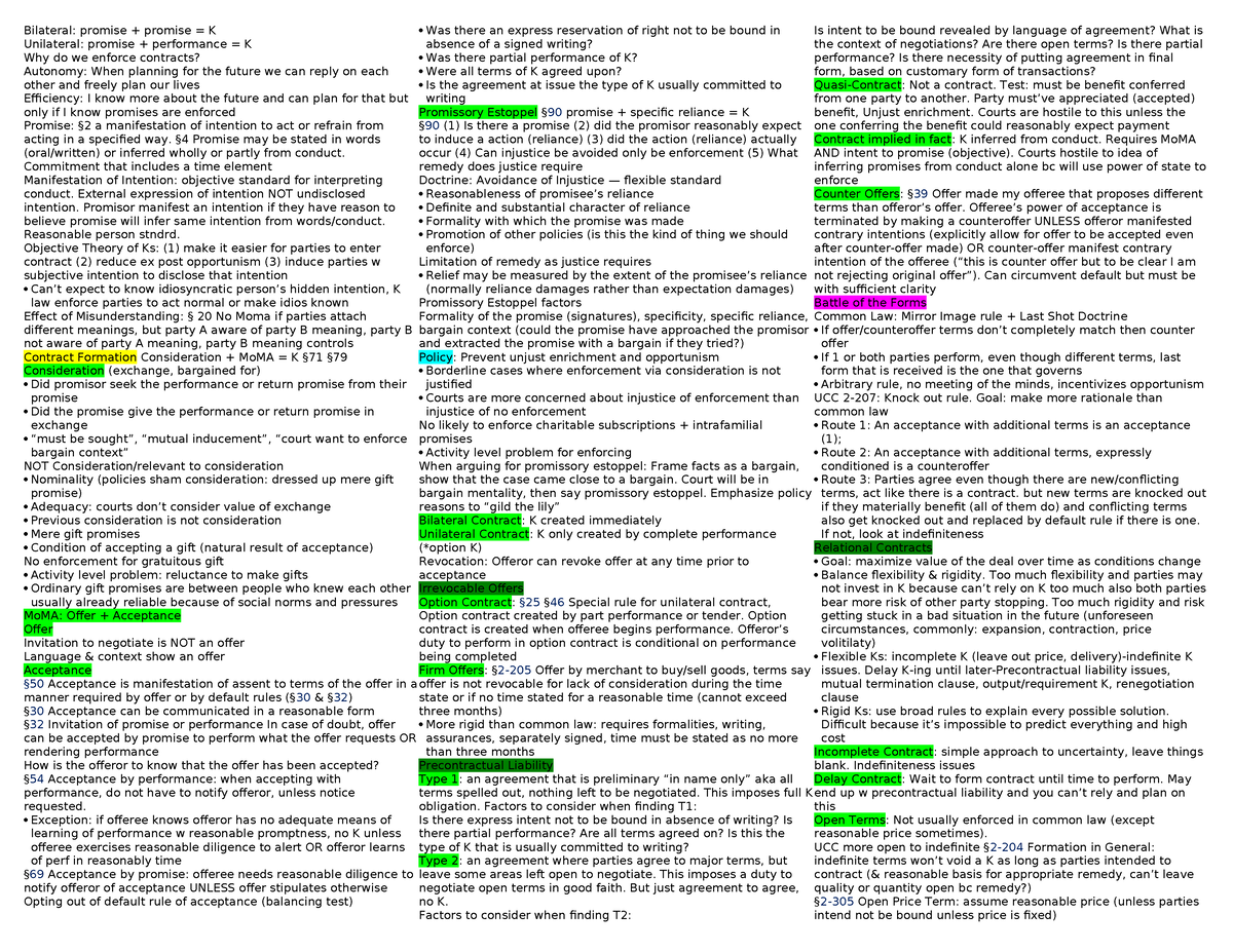 Contracts One Page Outline - Bilateral: promise + promise = K ...