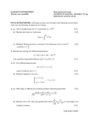 Analys B Tenta Och Lösningar 2018 11 05 - MALMÖ HÖGSKOLA Lösningar ...