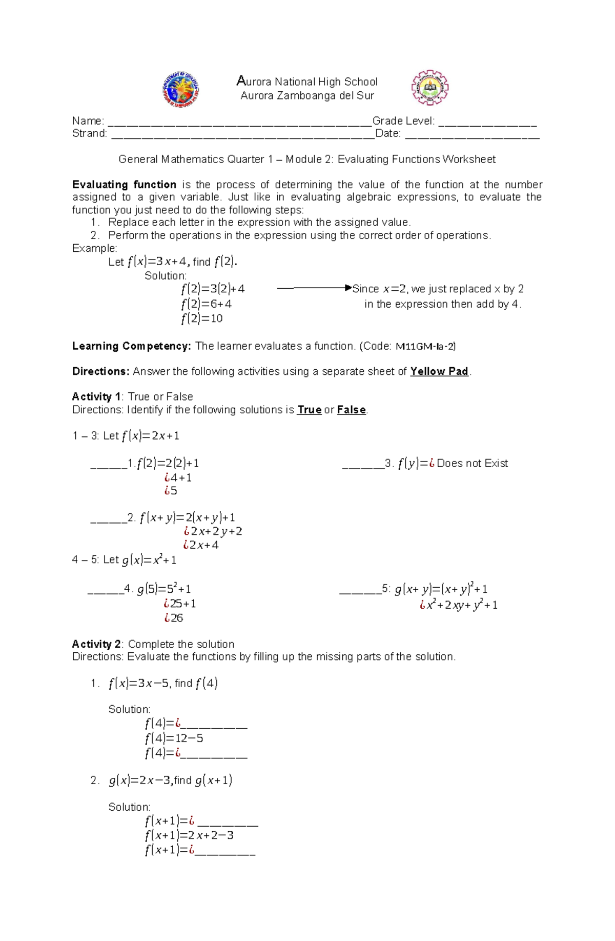 Gen math worksheet 2 for STEM and ABM stud - Aurora National High ...