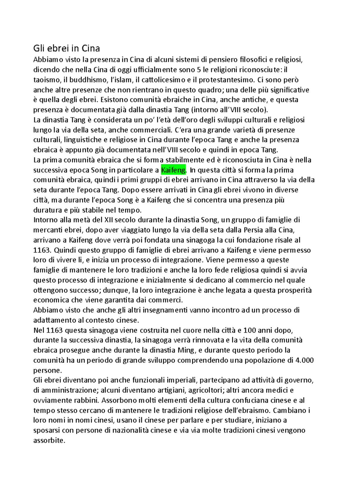 Approfondimento Ebrei in Cina primo semestre