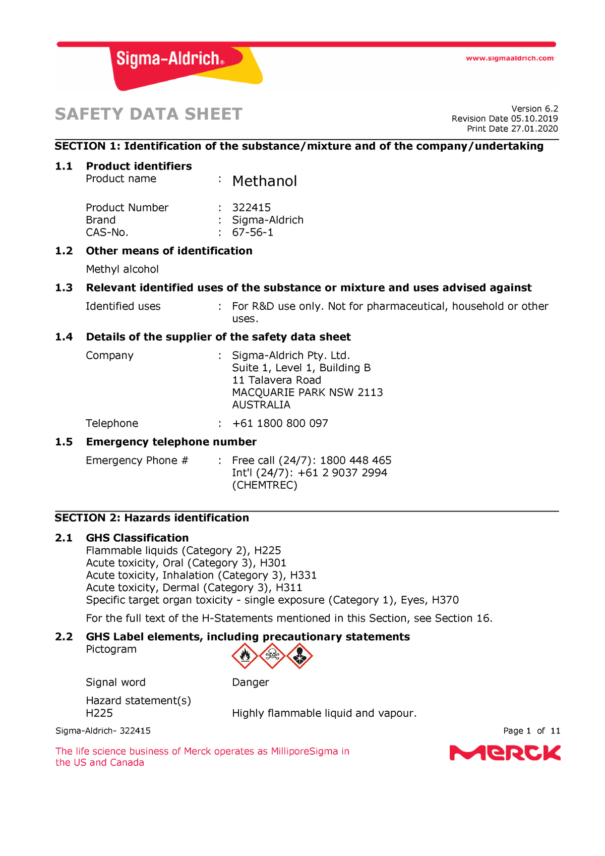 Methanol MSDS safety data sheet. - Sigma-Aldrich- 322415 Page 1 of 11