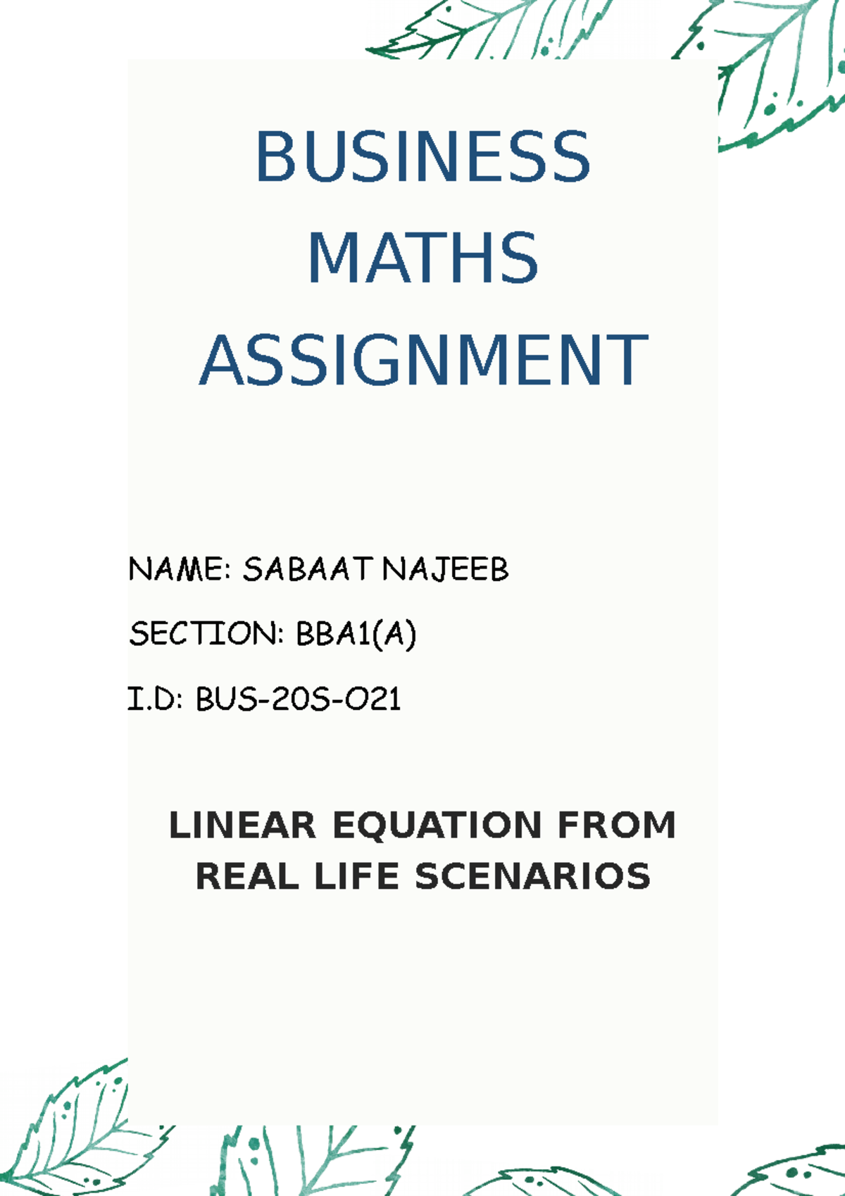 Business Math Assignment by Sabaat Najeeb bus-20s-021 BBA1(A ...