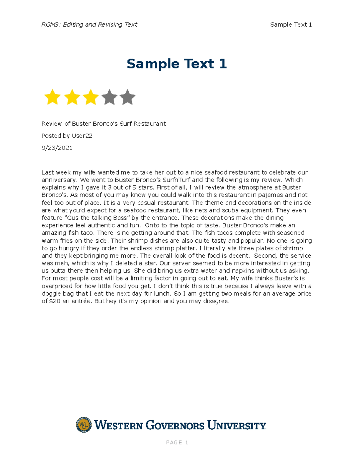Sample Text 1 - ESSAY - RGM3: Editing and Revising Text Sample Text 1 ...