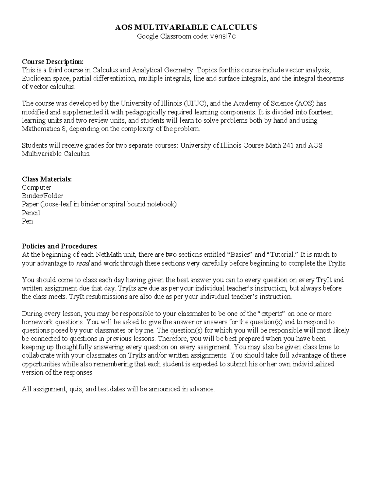 MVC Syllabus - AOS MULTIVARIABLE CALCULUS Google Classroom code ...