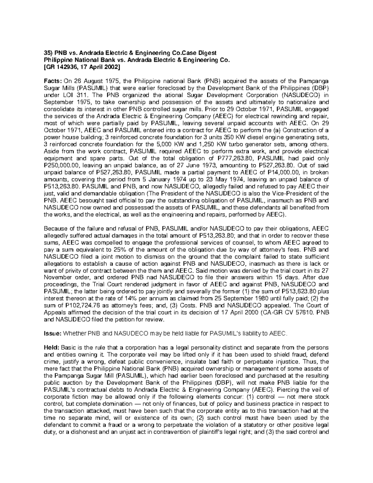 CASE DIGEST CORPORATION LAW PNB VS ANDRADA - BS Legal Management - Studocu