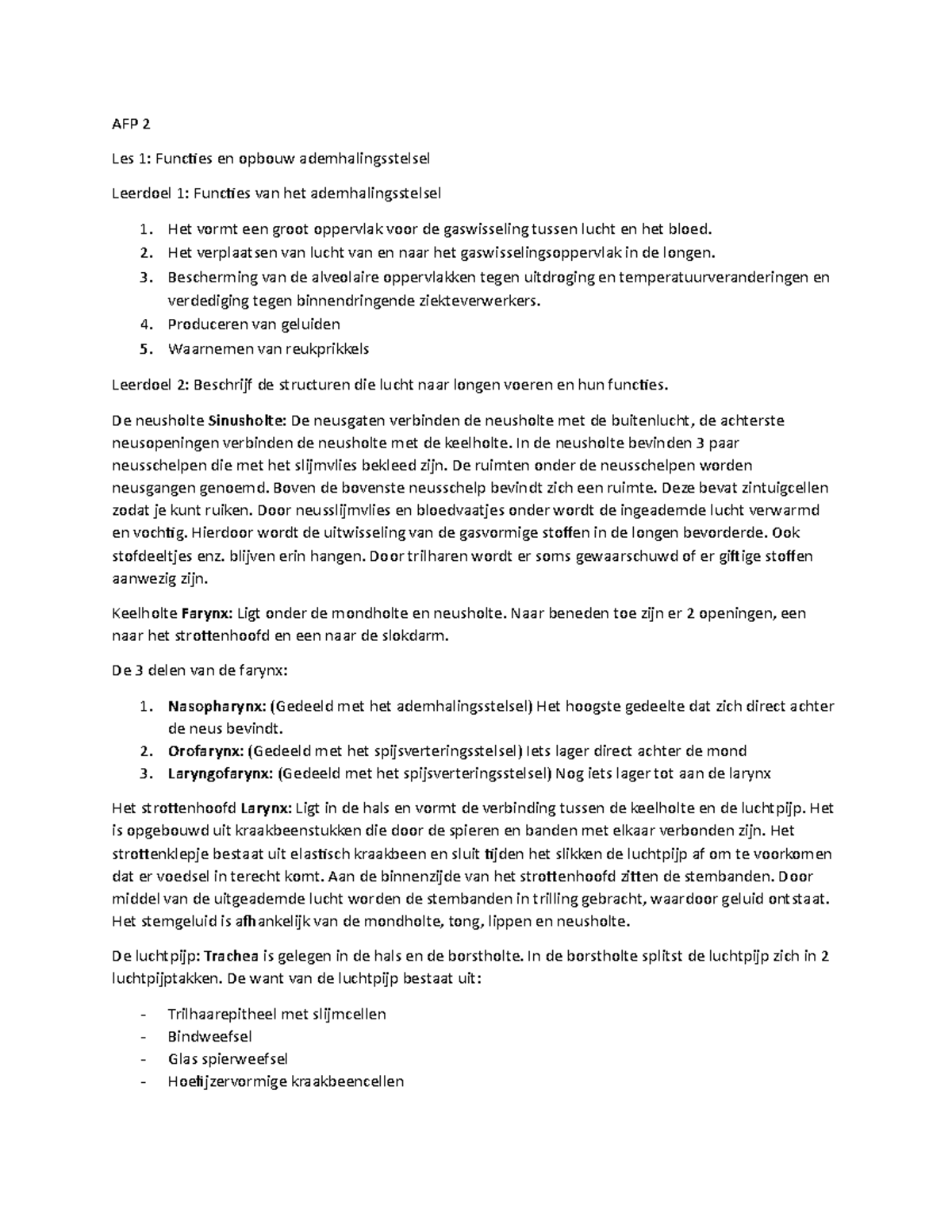 AFP2 - niet doen - AFP 2 Les 1: Functies en opbouw ademhalingsstelsel ...