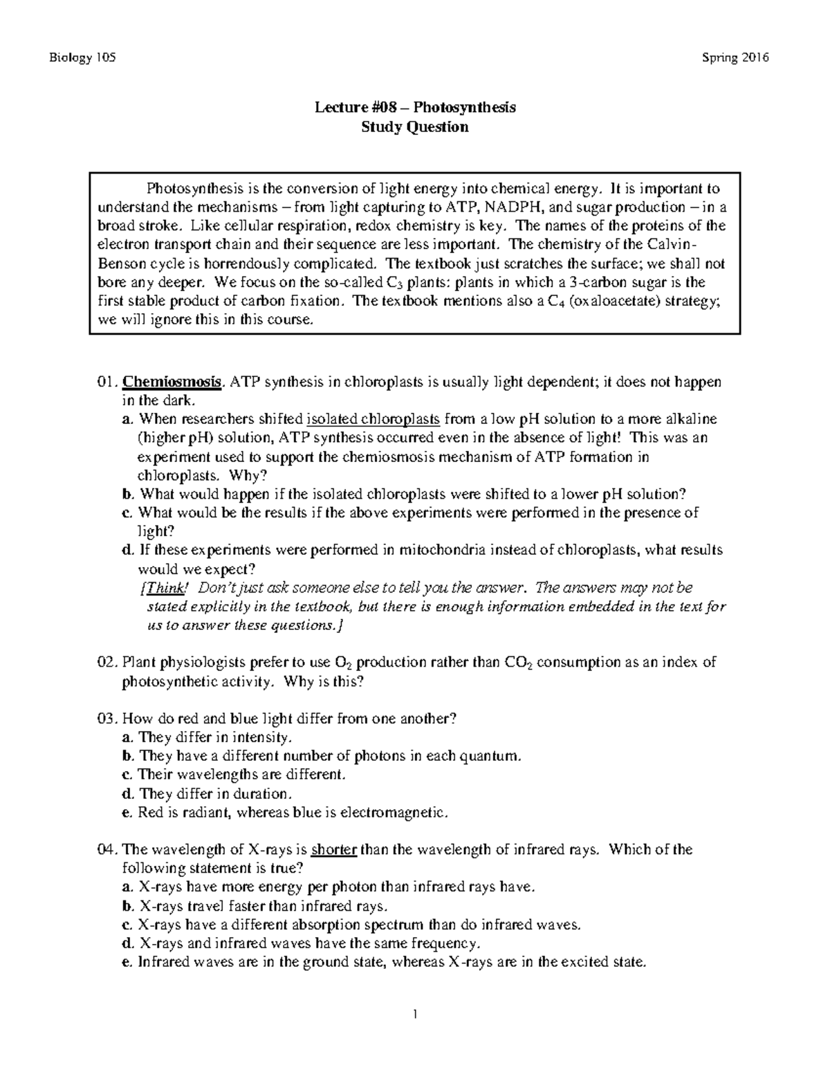 #08 photosynthesis-post - Biology 105 Spring 2016 Lecture #08 ...