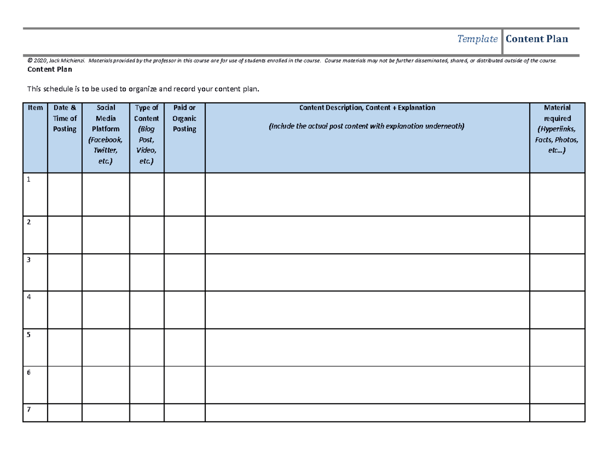 Generic Content Plan Schedule - Template Content Plan © 2020, Jack ...