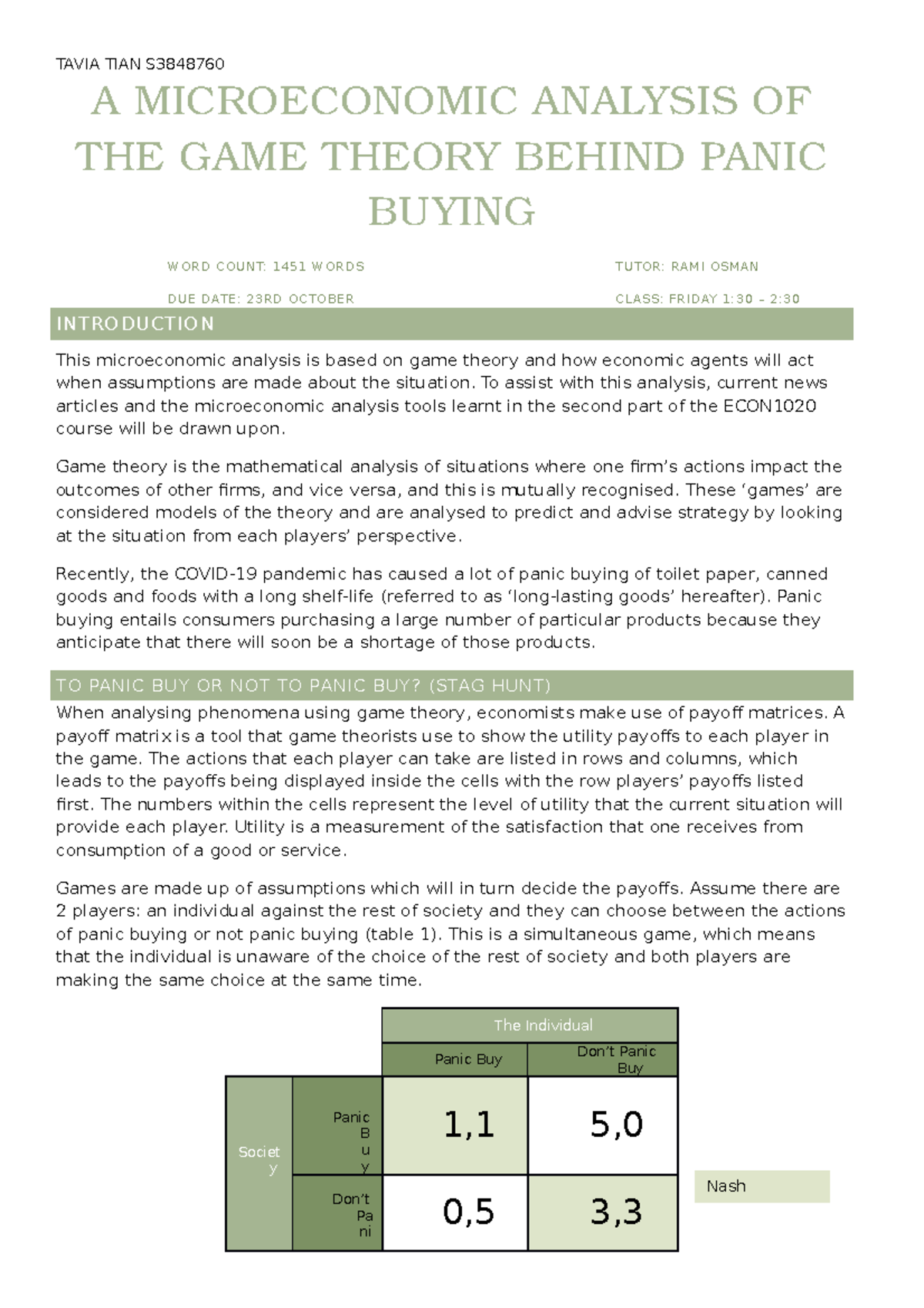 ECON1020 - Assignment 3 - A MICROECONOMIC ANALYSIS OF THE GAME THEORY ...