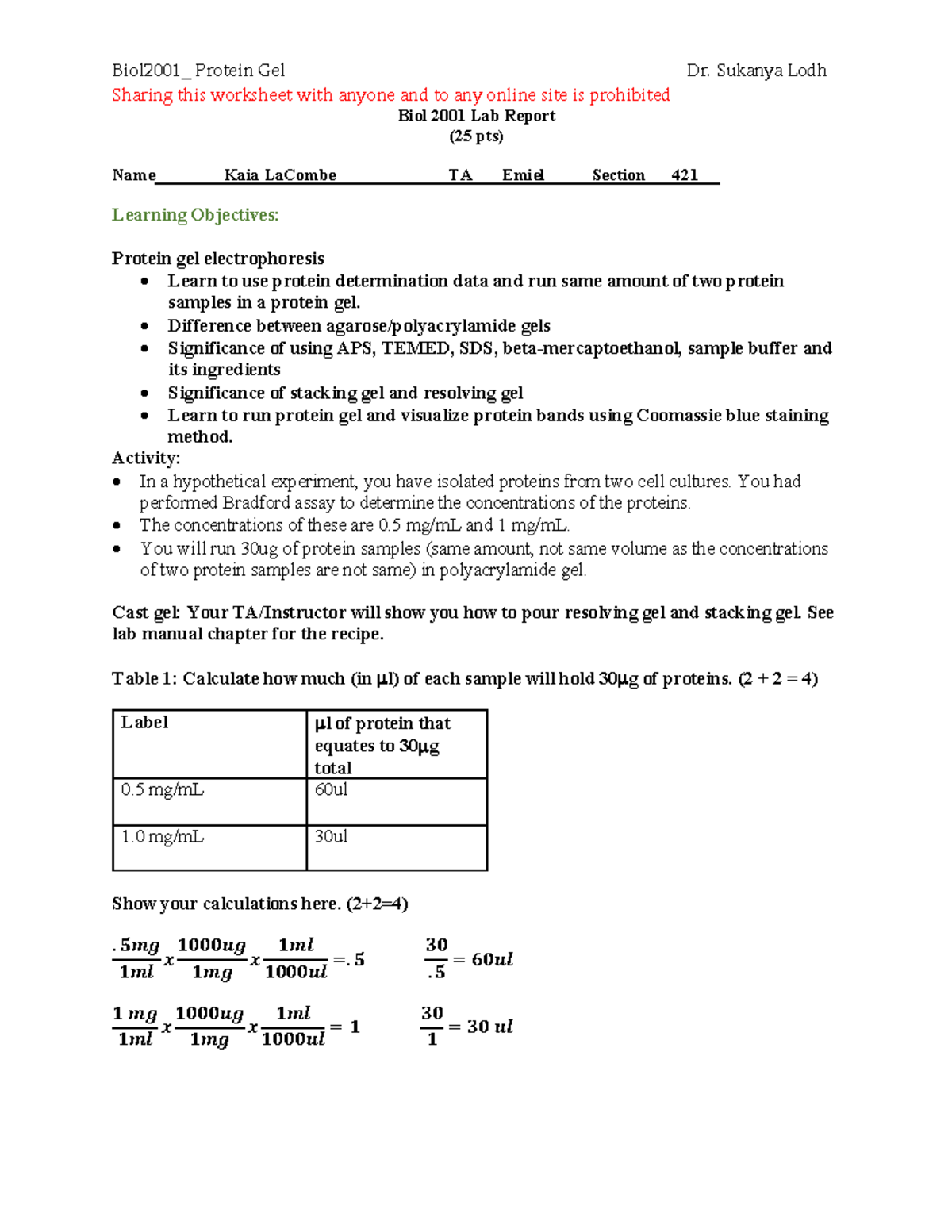 Protein Gel Worksheet - Biol2001_ Protein Gel Dr. Sukanya Lodh Sharing ...