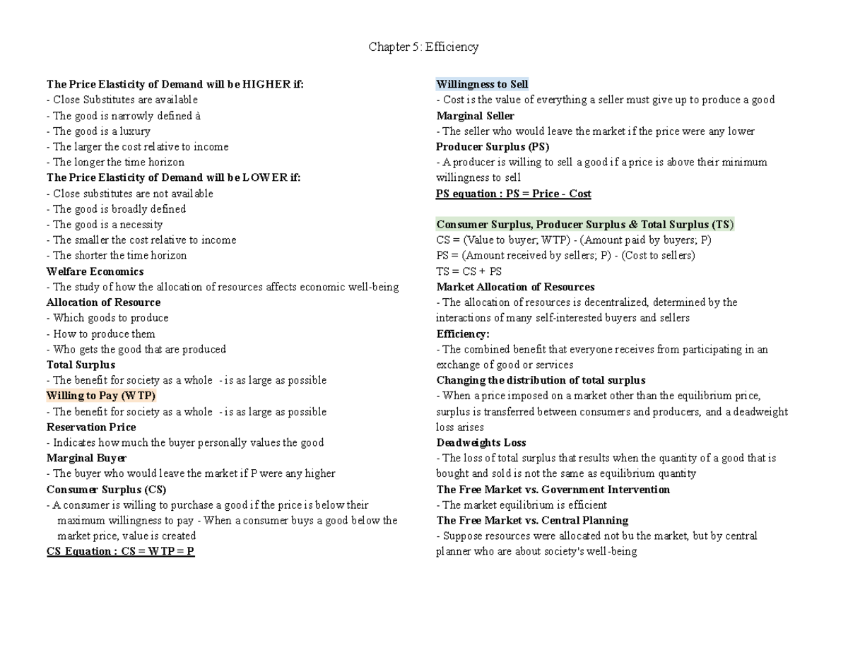 ECO 1104- Chapter 5 - a course - Chapter 5: Efficiency The Price ...