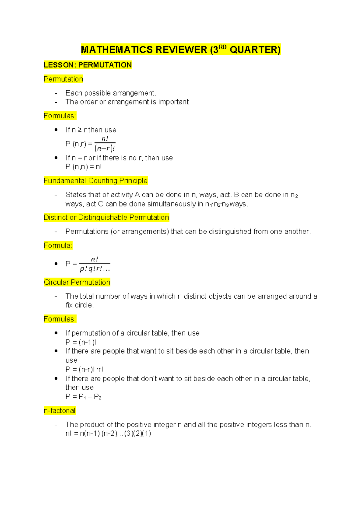 Mathematics- Reviewer - MATHEMATICS REVIEWER ( RD QUARTER) LESSON ...