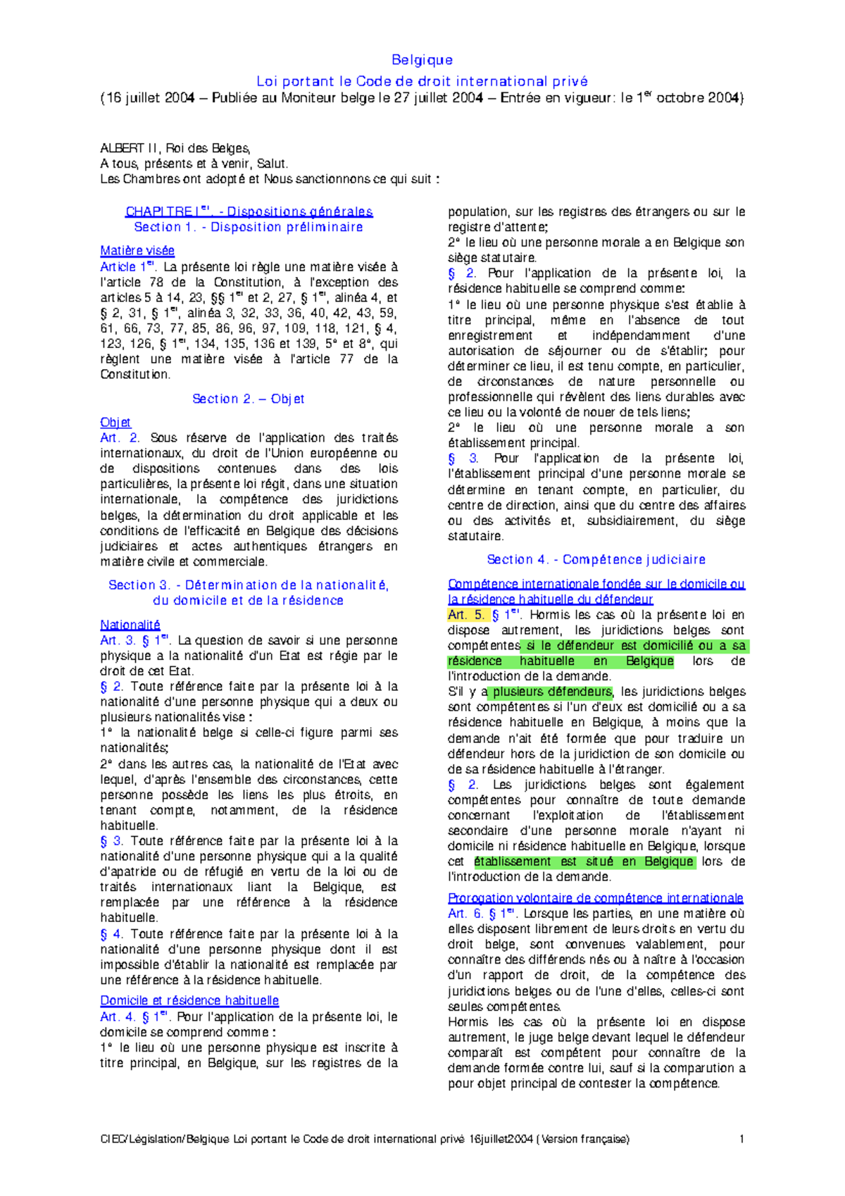Codip - Loi portant le Code de droit international privé (16 juillet ...