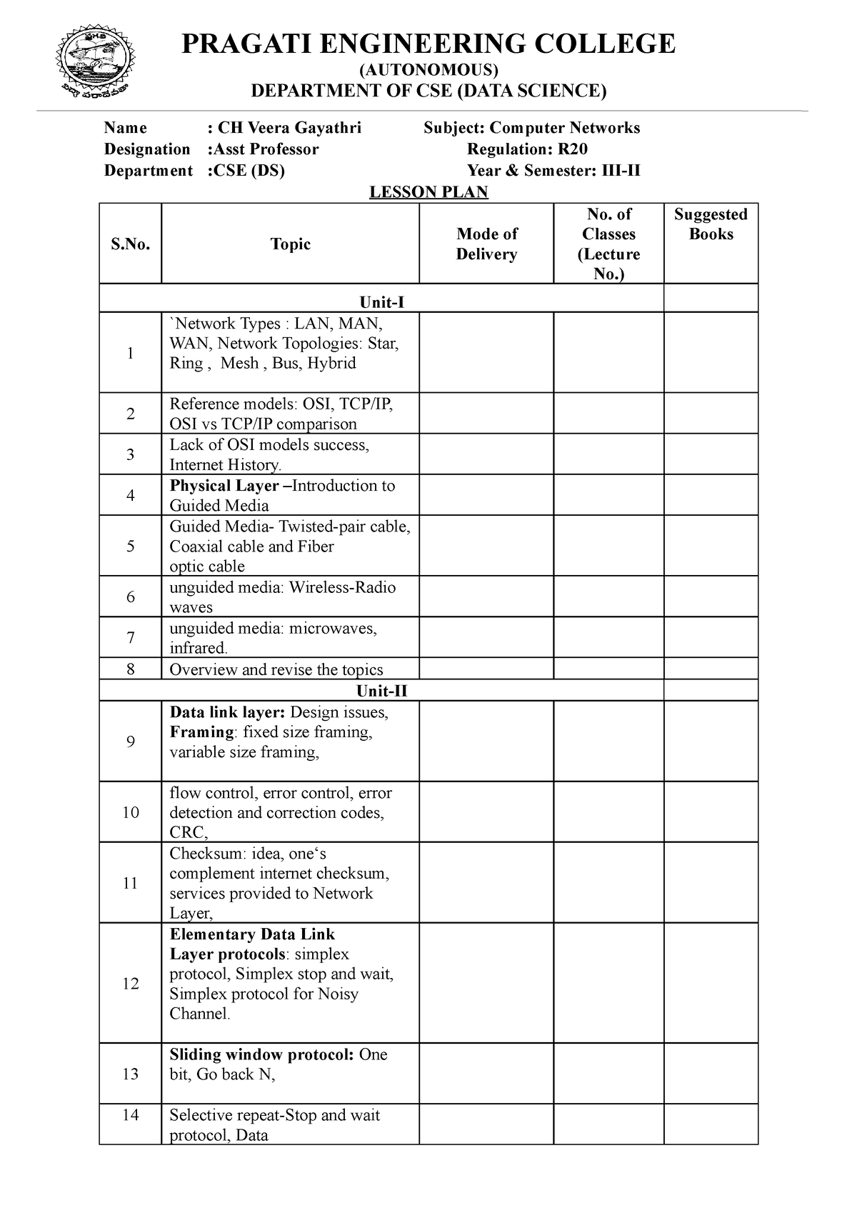 Lesson Plan - UNIT 3 - PRAGATI ENGINEERING COLLEGE (AUTONOMOUS ...