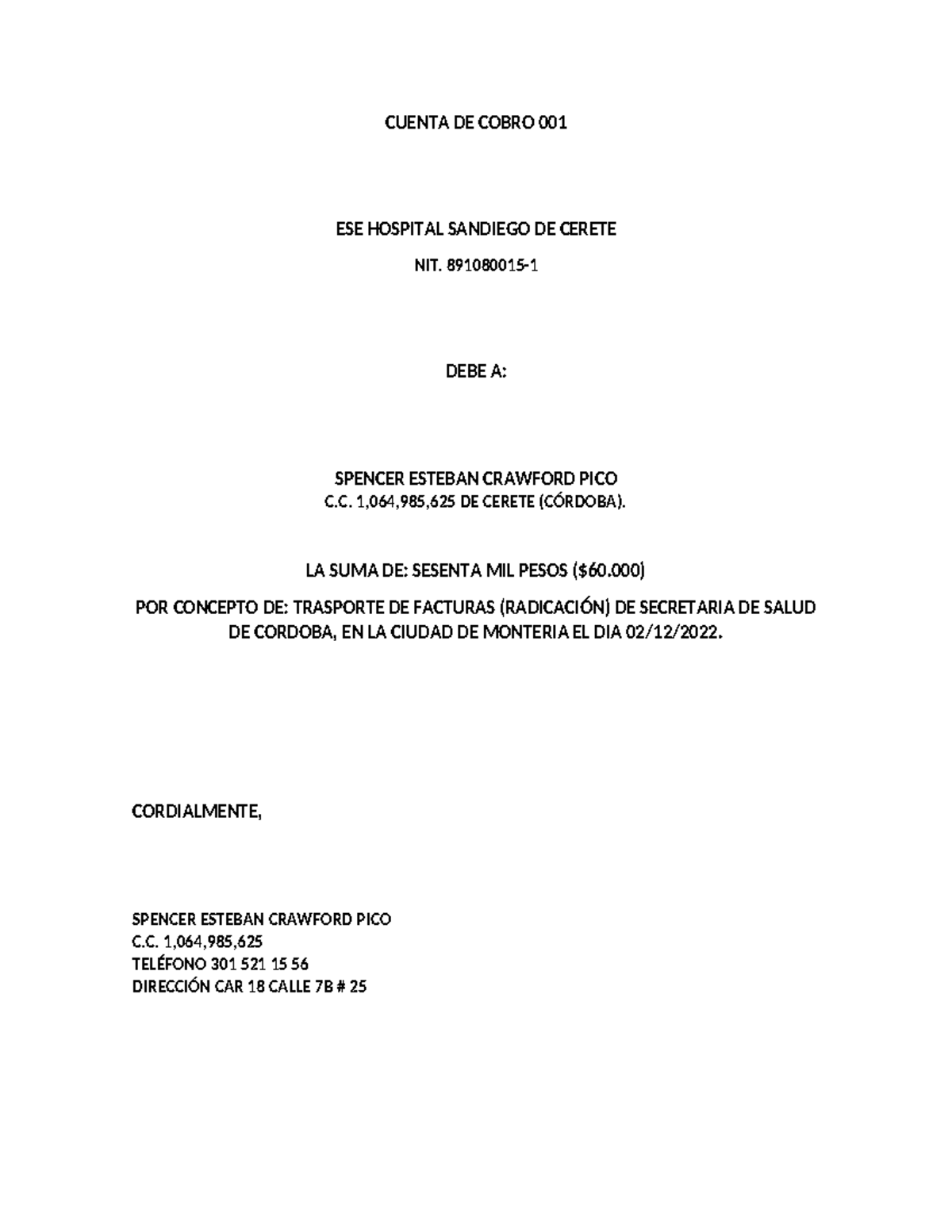 Cuenta De Cobro Metodología De Educación A Distancia Cuenta De Cobro 001 Ese Hospital 4822