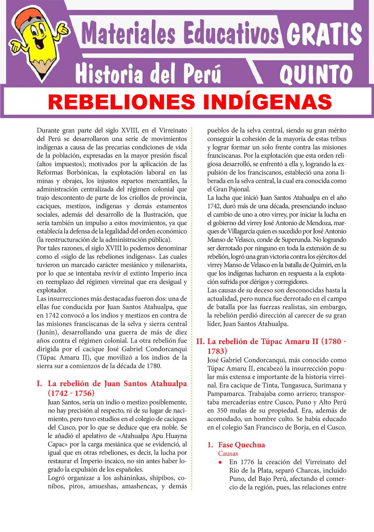 Rebeliones Indígenas En El Perú Para Quitno Grado De Secundaria ...