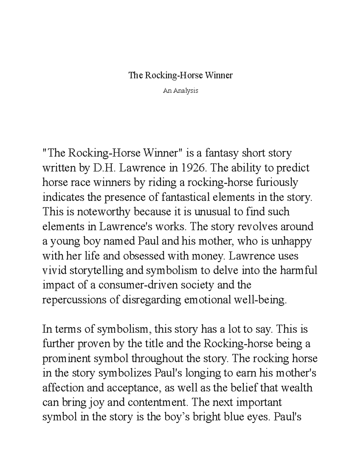 The RockingHorse Winner Analysis The RockingHorse Winner An