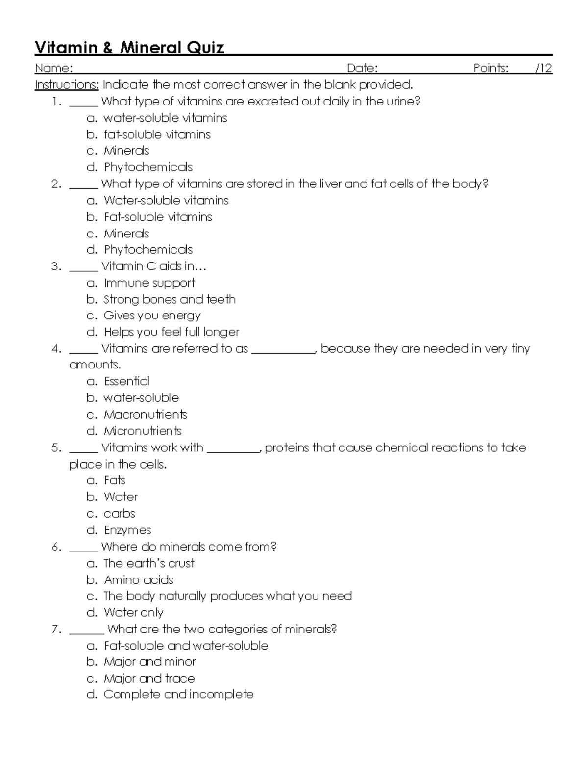 Vitamin Mineral Quiz - Great Quiz Review - Vitamin & Mineral - Studocu