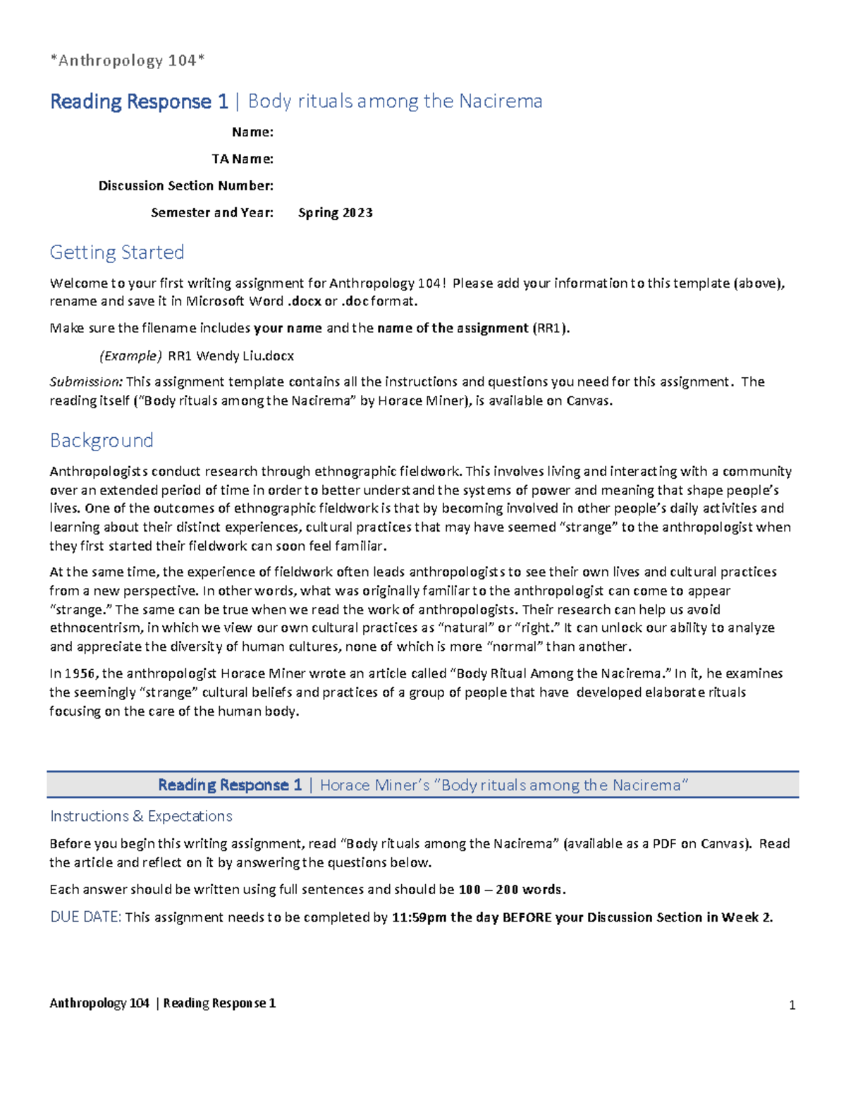 Reading Response 1 - docx or .doc format. Make sure the filename ...