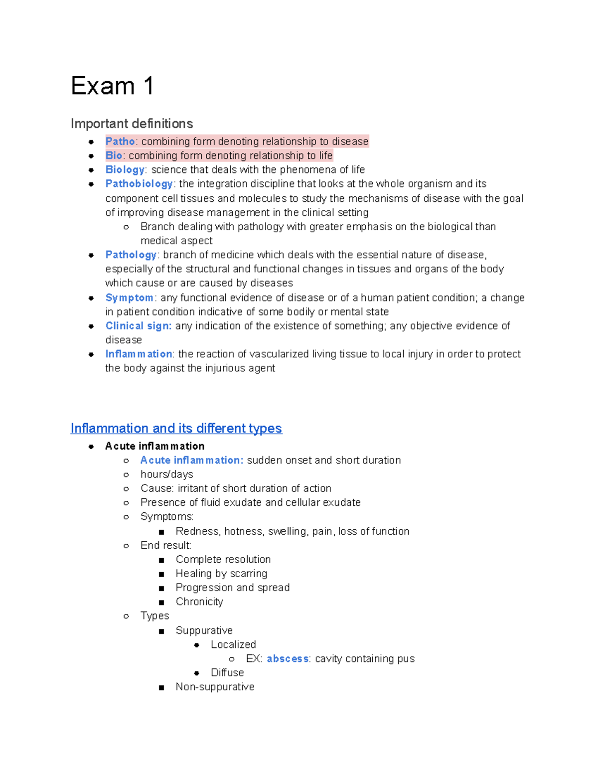 Final Exam Study Guide - Exam 1 Important Definitions Patho: Combining ...