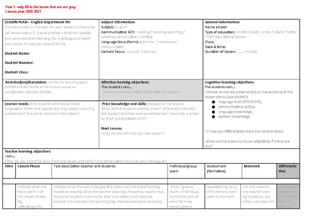 Lesson Plan Form 2020 2021 Year 1 Year 1 Only Fill In The Boxes That