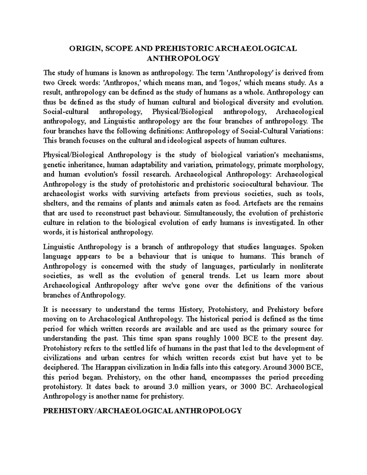 Origin, Scope AND Prehistoric Archaeological Anthropology - ORIGIN ...