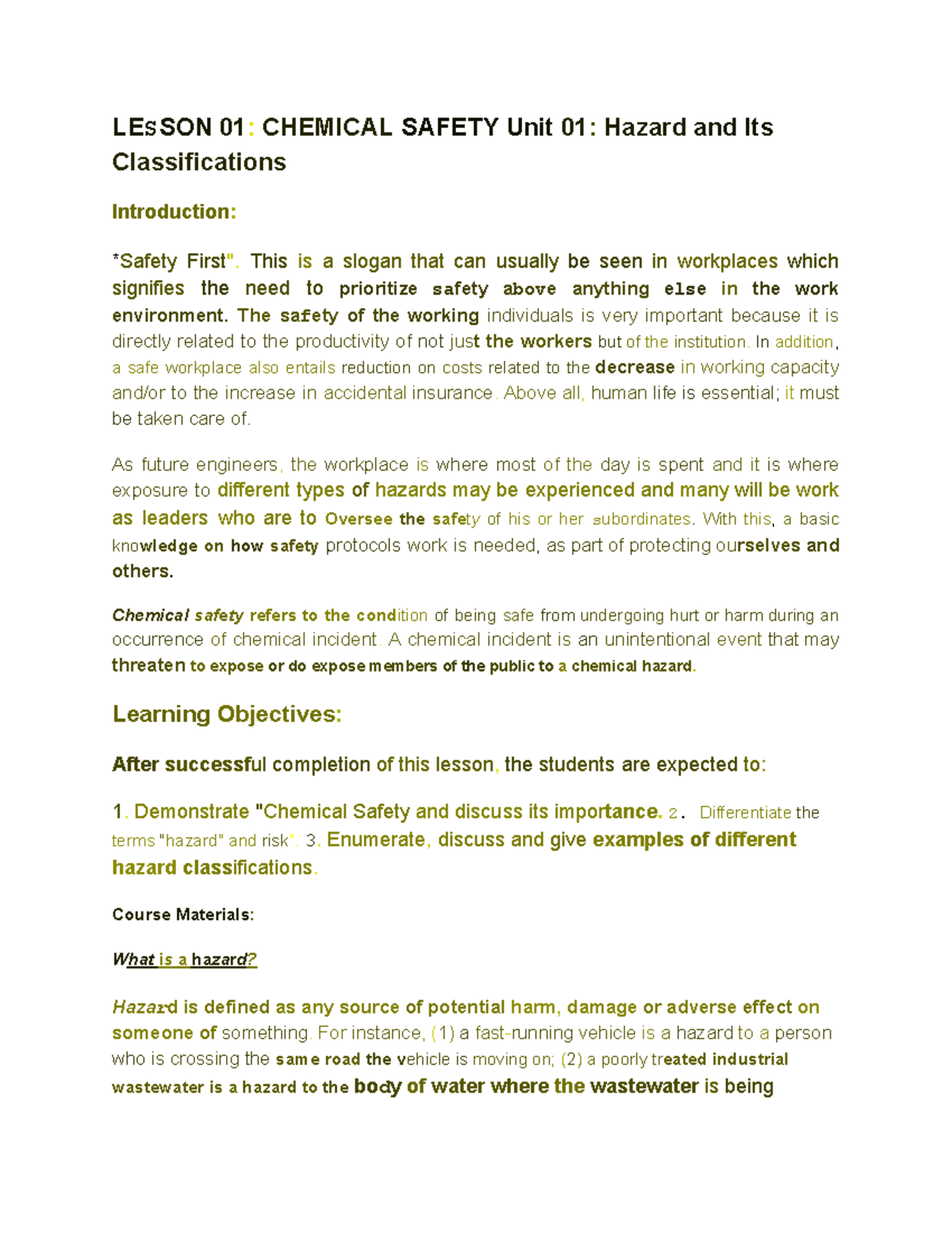 CFE Lecture Chem Safety hazards - LESSON 01 : CHEMICAL SAFETY Unit 01 ...