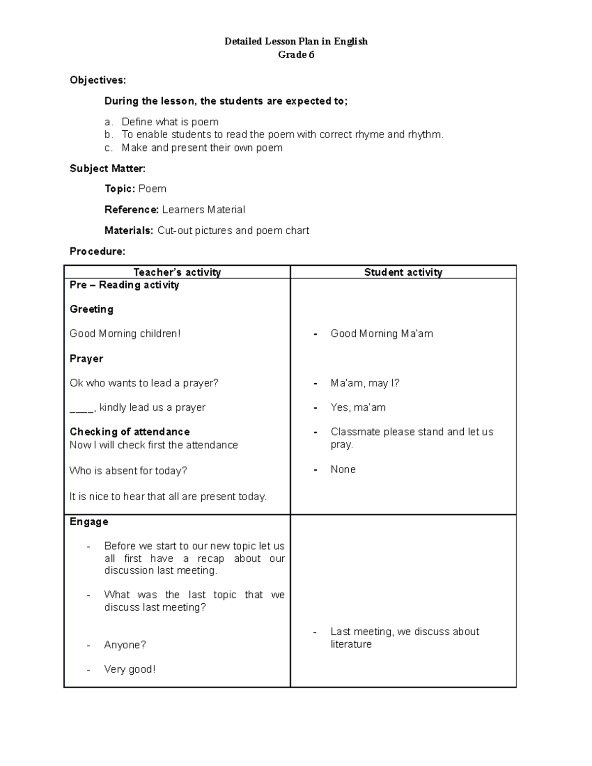 Detailed lesson plan 5E - Grade 6 Objectives: During the lesson, the ...